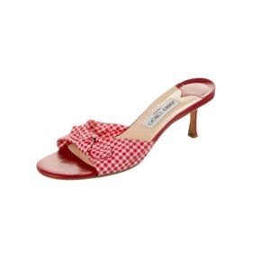 Jimmy Choo Red Gingham Plaid Print Slide Sandals